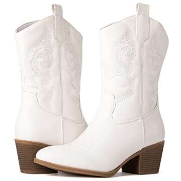GLOBALWIN Women's White Mid Calf Cowgirl Boots Fashion Western Cowboy Boots for Women Chunky Low Hee...
