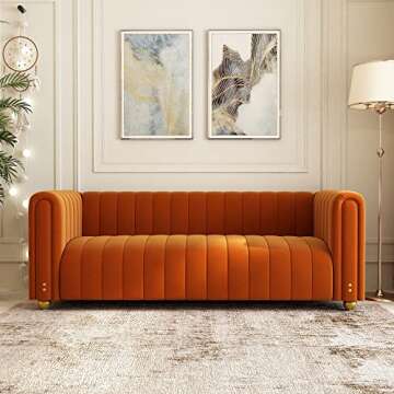 SLEERWAY Orange Velvet Couch, 80 Inch Wide Mid-Century Modern Sofa Velvet Tufted Upholstered Velvet Sofa Love Seats Sofa with Golden Leg, 3 Seat Sofa Big Comfy Couch Sofas for Livingroom (Orange)