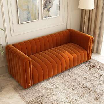 SLEERWAY Orange Velvet Couch, 80 Inch Wide Mid-Century Modern Sofa Velvet Tufted Upholstered Velvet Sofa Love Seats Sofa with Golden Leg, 3 Seat Sofa Big Comfy Couch Sofas for Livingroom (Orange)