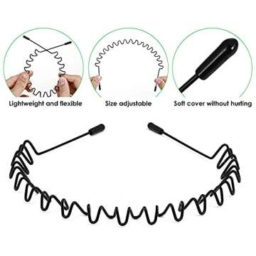 JERLITU Metal Hair Band - 6 Pieces Metal Headband for Men and Women, Adjustable, Durable, Wavy Hairband, Hair Bands for Sports, Fashion, Unisex, Black, Elastic, 6 Count