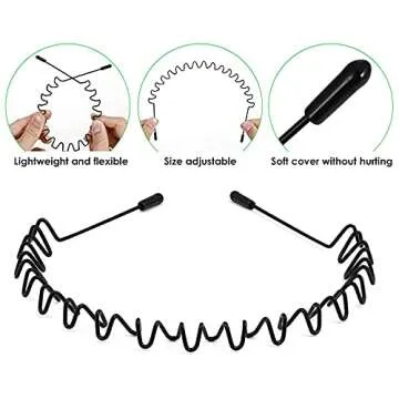 JERLITU Metal Hair Band - 6 Pieces Metal Headband for Men and Women, Adjustable, Durable, Wavy Hairband, Hair Bands for Sports, Fashion, Unisex, Black, Elastic, 6 Count