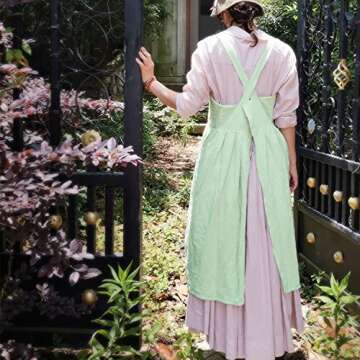 Cotton Linen Apron Cross Back Work Apron for Women with Pockets Pinafore Dress X Cross Halter Apron for Baking Chef Gardening (2 Pack-Beige+Light Green)