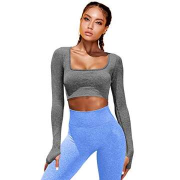 HYZ Women's Sports Yoga Gym Stretch Bodycon Crop Top Compression Workout Athletic Long Sleeve Shirt Grey