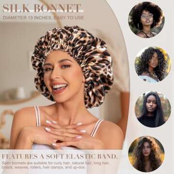 Satin Bonnet Silk Bonnet Hair Bonnet for Sleeping-Slouchy Beanie Hat Satin Sleep Cap for Women's Natural & Curly Hair(Leopard)