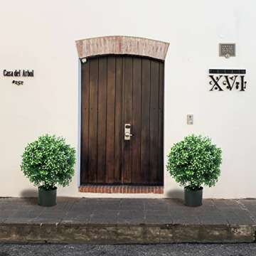 Sunnyglade 21.6” Tall Artificial Jasmine Topiary Ball Tree Set of 2 Pack Potted Bushes UV Resistant Potted Plants for Indoor Outdoor Home Garden (White)