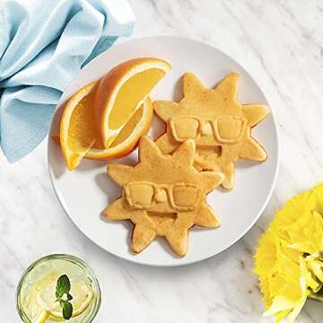 Rise & Shine Mini Sun Waffle Maker - Personal-Sized 4" Sunshine Smile Individual Waffles for Kids, Adults- Cute Non-Stick Electric Waffler Iron- Back to School Morning Breakfast or Fun Holiday Gift