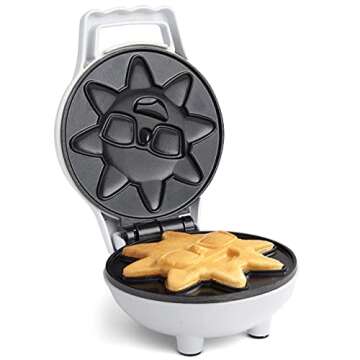 Rise & Shine Mini Sun Waffle Maker - Personal-Sized 4" Sunshine Smile Individual Waffles for Kids, Adults- Cute Non-Stick Electric Waffler Iron- Back to School Morning Breakfast or Fun Holiday Gift