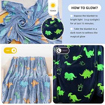 GOSALISU Glow in The Dark Dinosaur Throw Blanket 50 x60 inch Luminous Dino Blanket Toys for 3 4 5 6 7 8 9 10 11 12 Year Old Boys Girls Super Soft Blanket for Kids Christmas Birthday Gifts