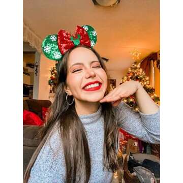 WOVOWOVO Christmas Mouse Ears Headbands for Women Girls, Bow Decoration Hairbands with Green Sequin ...