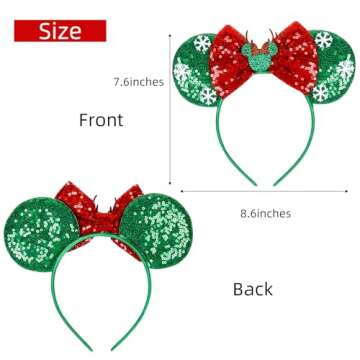 WOVOWOVO Christmas Mouse Ears Headbands for Women Girls, Bow Decoration Hairbands with Green Sequin and White Snowflake Headband Party Cosplay Hair Accessories Costume