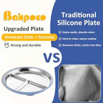 Bakpoco Stainless Steel Suction Plates for Toddlers, 9" Divided Kids Baby Plates with Removable Silicone Suction, Non Toxic Non Slip Portion Control Snack Dishes 4 Packs, Blue Green Gray Pink