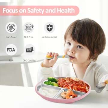Bakpoco Stainless Steel Suction Plates for Toddlers, 9" Divided Kids Baby Plates with Removable Silicone Suction, Non Toxic Non Slip Portion Control Snack Dishes 4 Packs, Blue Green Gray Pink