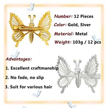 Sajoo Hair Clips, 12 PCS 3D Moving Butterfly Hair Clips, Gold, Silver - Hair Accessories for Women and Girls, Vintage-Modern Hair Clips for Hair Securing and Hairdressing, Party Occasion