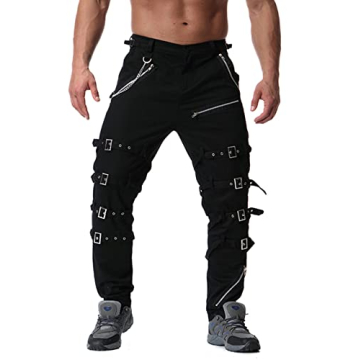 Idopy Men's Steampunk Gothic Hip Hop Punk Rock Techwear Pants with Chain Black/30