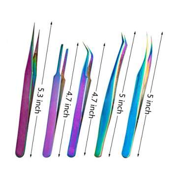 Rainbow Lash Tweezers Kit Tweezers for Eyelash Extensions Nail Art Ingrown Hair Craft Work Anti-Static Precision Stainless Steel Tweezers 5 Pcs