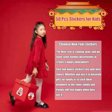 50pcs Cute Chinese New Year Decoration Stickers, Cartoon Lion Waterproof Water Bottle Stickers, Laptop Stickers, Phone Decoration Gifts for Teens Kids Cute Stickers, Chinese Anime Stickers