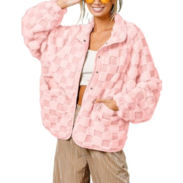 Yimoon Womens Oversized Checkered Sherpa Fleece Jacket - Cozy and Stylish Winter Outwear (Pink-S)