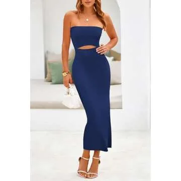 PRETTYGARDEN Women's Y2K Tube Top Dress Sleeveless Cutout Ribbed Midi Bodycon Party Dresses (Solid Dark Blue,X-Large)