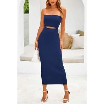 PRETTYGARDEN Women's Y2K Tube Top Dress Sleeveless Cutout Ribbed Midi Bodycon Party Dresses (Solid Dark Blue,X-Large)