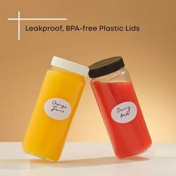 JoyJolt Glass Juice Bottles, 16 oz Glass Bottles with Caps. Set of 8 Juice Containers with Lids for Fridge, and Labels for Juice Jars. Glasses for Juice, Cold Brew Bottles, Smoothie Jars