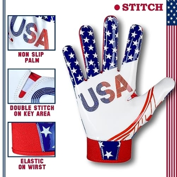 USA Flag Football Gloves with Sticky Silicone Grip