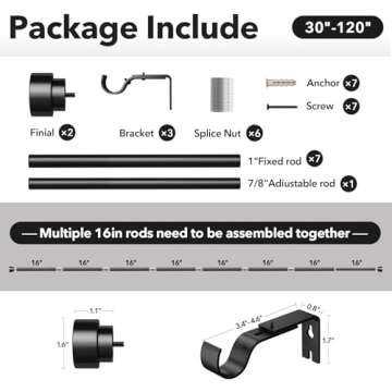 IFELS Heavy Duty Curtain Rods for Windows 66 to 120 Inch, 1 Inch Adjustable Black Curtain Rod Set with Easy Installation and Modern Design (A1,Black,30-120")