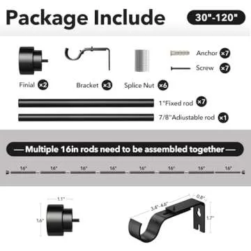 IFELS Heavy Duty Curtain Rods for Windows 66 to 120 Inch, 1 Inch Adjustable Black Curtain Rod Set with Easy Installation and Modern Design (A1,Black,30-120")