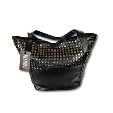 Ro Rox Women's Faux Leather PU Punk Studded Shopper Large Tote Shoulder Day Bag - Black