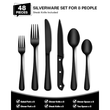 EUIRIO 48-Piece Black Silverware Set for Stylish Dining