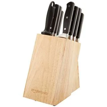 Amazon Basics 9 Pieces Premium High-Carbon Stainless-Steel Blades with Pine Wood Knife Block Set, Kitchen, Black