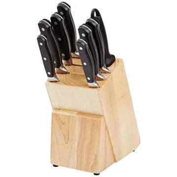 Amazon Basics 9 Pieces Premium High-Carbon Stainless-Steel Blades with Pine Wood Knife Block Set, Kitchen, Black