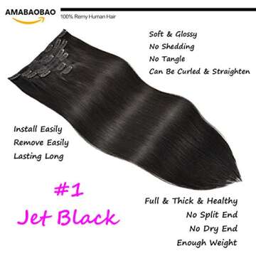 AMABAOBAO Hair Extensions Clip in Human Hair Thickened Double Weft Brazilian Hair 120g 7pcs Per Set 9A Remy Hair Jet Black Full Head Silky Straight Hair Extensions Human Hair (14 Inch #1)