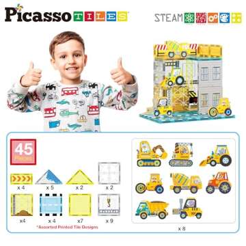 PicassoTiles Magnet Tiles Magnetic Building Blocks with 8 Construction Vehicles Crank Truck Excavato...