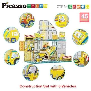 PicassoTiles Magnet Tiles Magnetic Building Blocks with 8 Construction Vehicles Crank Truck Excavator Bulldozer Road Roller Concrete Mixer Tractor Dump Truck Forklift Toys Learning Kids Ages 3+ PTQ11