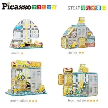 PicassoTiles Magnet Tiles Magnetic Building Blocks with 8 Construction Vehicles Crank Truck Excavator Bulldozer Road Roller Concrete Mixer Tractor Dump Truck Forklift Toys Learning Kids Ages 3+ PTQ11