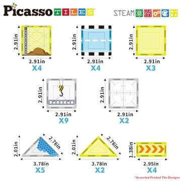 PicassoTiles Magnet Tiles Magnetic Building Blocks with 8 Construction Vehicles Crank Truck Excavator Bulldozer Road Roller Concrete Mixer Tractor Dump Truck Forklift Toys Learning Kids Ages 3+ PTQ11