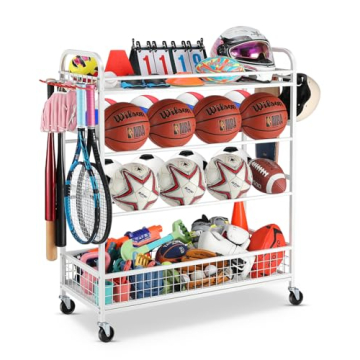 EXTCCT Garage Sports Equipment Organizer - Rolling Ball Storage Bin with Hooks and Wheels