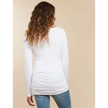 Motherhood Maternity Women's Maternity Long Sleeve V-Neck Side Ruched Fashion Tee Shirt, White, Small