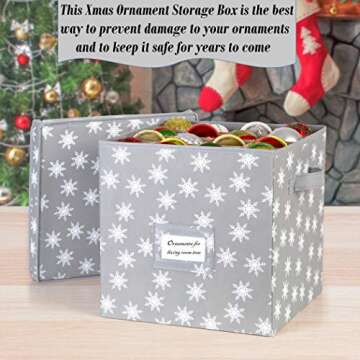 HOLDN’ STORAGE Christmas Ornament Storage Box with Lid - Christmas Decor Storage Containers that Store up to 64 Holiday Ornaments - Grey/White Snowflakes