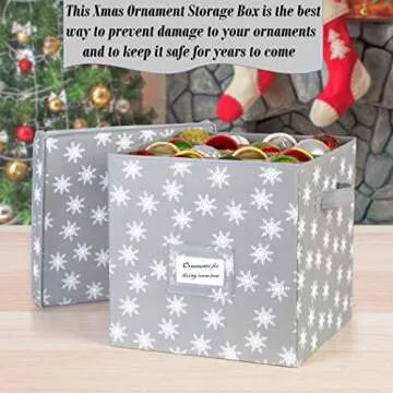 HOLDN’ STORAGE Christmas Ornament Storage Box with Lid - Christmas Decor Storage Containers that Store up to 64 Holiday Ornaments - Grey/White Snowflakes