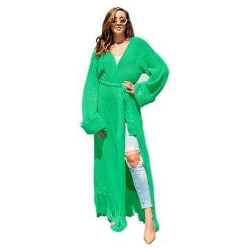 BlaQ Vault Women's Floor Length Open Front Knit Cardigan Dress - Long Sleeve Maxi Dress - Cardigan for Women Green