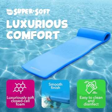 TRC Recreation Sunsation 1.75” Thick Vinyl Coated Foam Swimming Pool Float Mat Adult Lounger with Built-In Roll Pillow, Bahama Blue