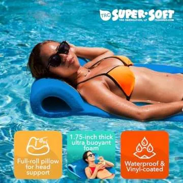 TRC Recreation Sunsation 1.75” Thick Vinyl Coated Foam Swimming Pool Float Mat Adult Lounger with Built-In Roll Pillow, Bahama Blue