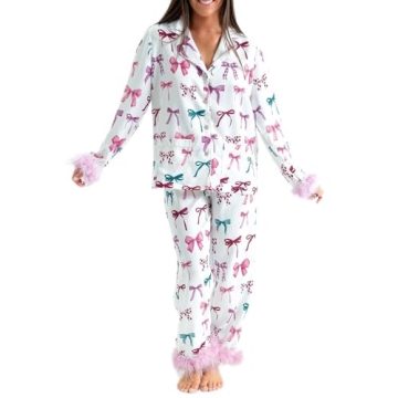 Thopavenoir Christmas Pajamas Set for Women Satin Silk Feather Trim Pajamas Outfits Long Sleeve Sant...