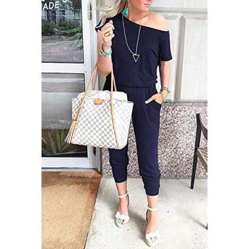 Halfword Women's Casual Off Shoulder Elastic Waist Long Jumpsuits Rompers Navy Blue S