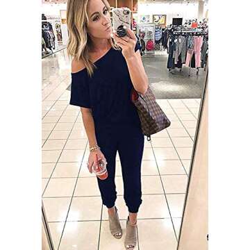 Halfword Women's Casual Off Shoulder Elastic Waist Long Jumpsuits Rompers Navy Blue S