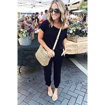Halfword Women's Casual Off Shoulder Elastic Waist Long Jumpsuits Rompers Navy Blue S
