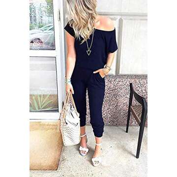 Halfword Women's Casual Off Shoulder Elastic Waist Long Jumpsuits Rompers Navy Blue S