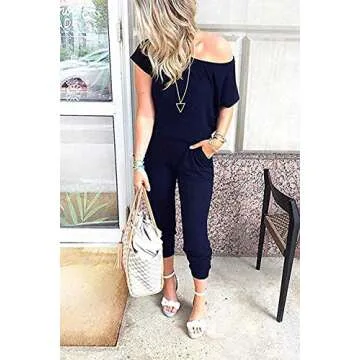 Halfword Women's Casual Off Shoulder Elastic Waist Long Jumpsuits Rompers Navy Blue S