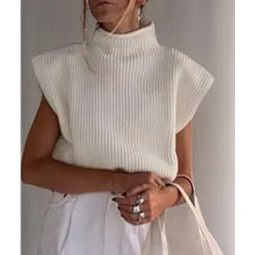 xxxiticat Women's Cap Sleeve Sweater Vest Mock Neck Knit Pullover Tank Shirt 2025 Trendy Spring Summer Sleeveless Cute Top(WH,M) White